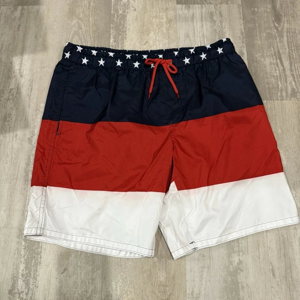 Dream Wave Men's Size L USA Flag Swim Trunks‎ Red White Blue Patriotic UPF 50+
